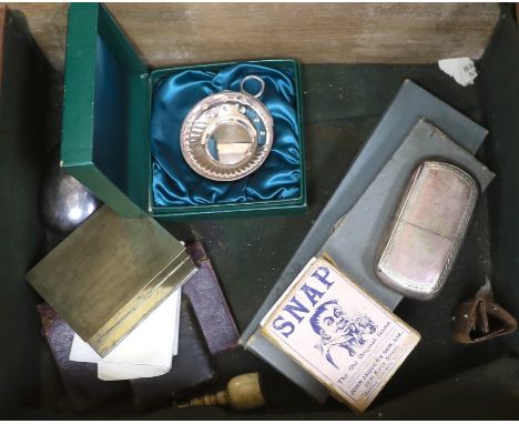 A mahogany strong box containing a small quantity of miscellaneous items, including snuff boxes