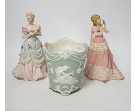 A bisque planter and a pair of Coalport figures, figures 21cm high