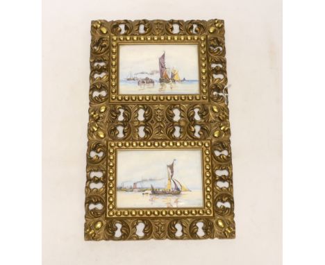 A pair of gilt framed painted porcelain plaques, indistinctly signed, 10x14cm excluding frame Both generally good condition, 
