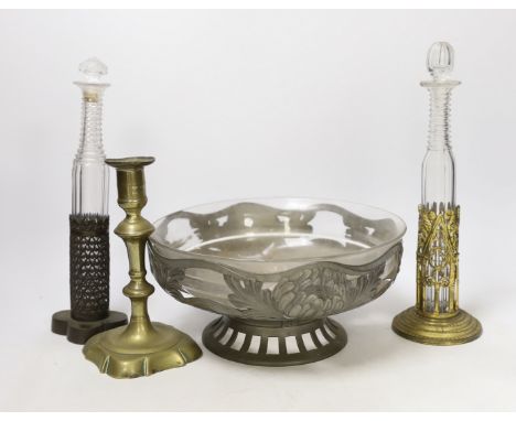 Two mid 19th century prismatic-cut scent bottles in mounts, an Orivit pewter stand and a George II brass candlestick, tallest