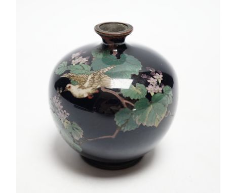 A Japanese silver wire cloisonné enamel miniature globular vase, Meiji period, decorated with a dove amid flowering branches,