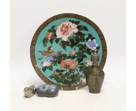 A Chinese cloisonné enamel kidney shaped box and cover, a pewter bottle and white metal ‘rabbit’ box and cover, and a Japanes