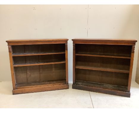 A pair of Victorian walnut open bookcases, width 120cm, depth 27cm, height 112cm Both bookcases are structurally sound, both 