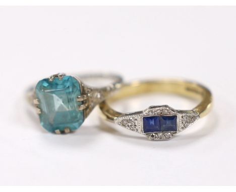 An Art Deco 18ct, plat and blue zircon set ring, with diamond chip set shoulders, size L, together with a modern Art Deco sty