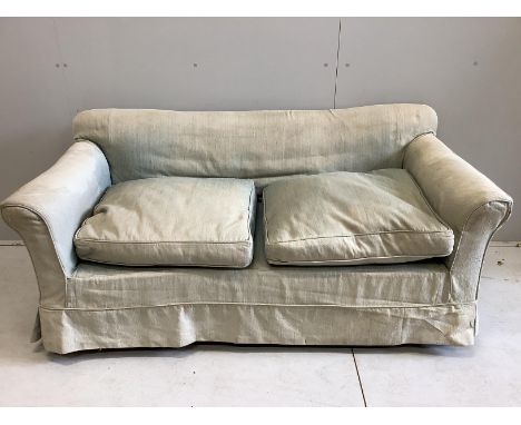 A late Victorian mahogany square leg sofa by C. Hindley and Sons, castors stamped, width 162cm, depth 73cm, height 70cm Cotto