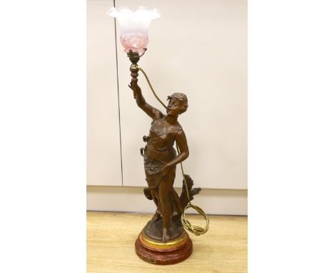 W. Hering, a spelter figural lamp with shade ‘Chant Pes Fres’, on faux marble base, 83cm