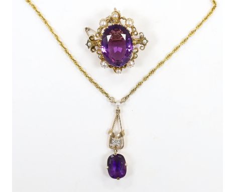 A 1960's 9ct gold, amethyst, seed pearl and diamond chip set drop pendant, 35mm, on a 9ct gold chain, 40cm and a yellow metal