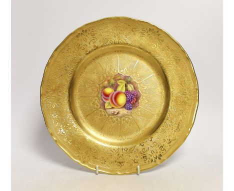 A large Royal Worcester fruit painted plate, signed R Price with gilded border, 27cm in diameter