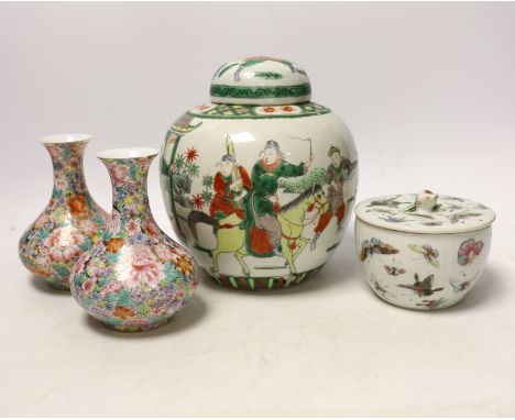 A Chinese famille rose 'butterfly' bowl and cover, Tongzhi mark and period, a famille verte jar and a pair of millefleur vase