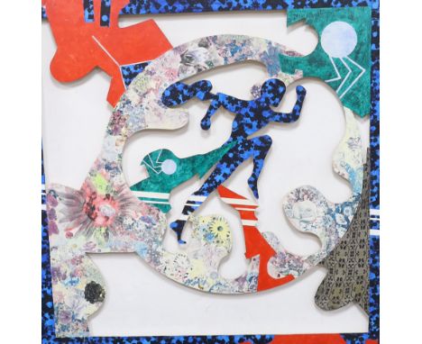 Jan Manker (Swedish, b.1941), contemporary mixed media and collage relief panel, Running figure, 123 x 123cm