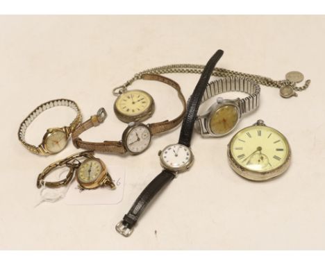 Two 9ct gold cased manual wind wrist watches including a Rone and five other assorted watches.