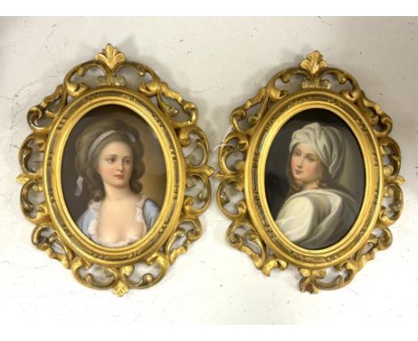A pair of Continental oval porcelain plaques hand painted with female portraits, housed in Florentine giltwood frames (2)One 