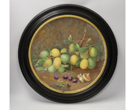 A framed Royal Worcester charger, outside painted by Octar H. Copson, dated 1880, 54cm total diameter Width of charger 40cm a