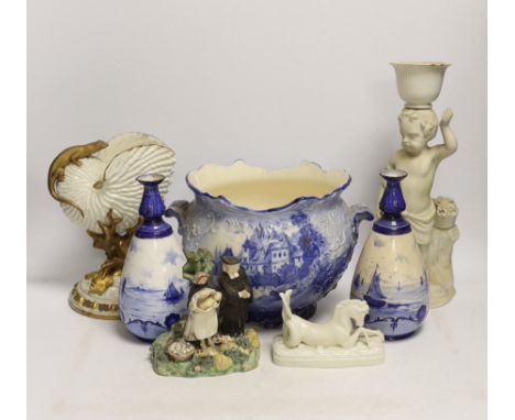 A 19th century Staffordshire Tithe Pig group, a pair of Royal Crown Derby blue and white vases, a Royal Worcester nautilus sh