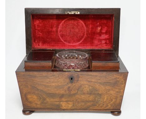 A Victorian rosewood sarcophagus shaped tea caddy with original cut glass mixing bowl, 33cm wide