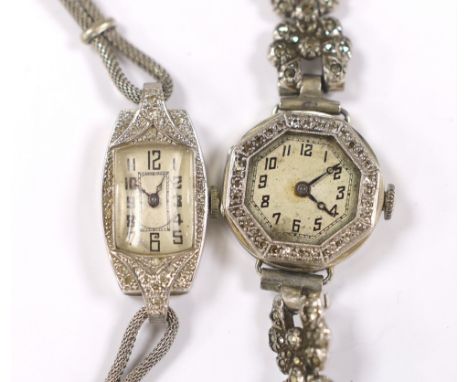 A lady's 18k and diamond set manual wind octagonal cocktail watch, a marcasite set steel bracelet and one other white metal a