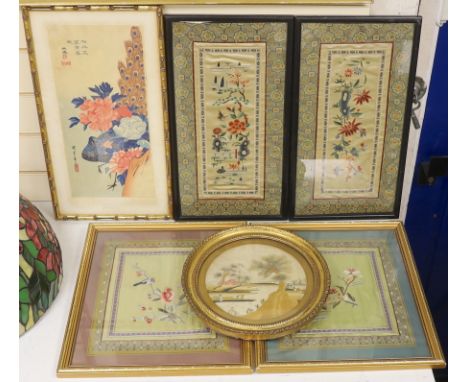 Two pairs of framed 20th century Chinese silk embroideries, two using Chinese knotting, a Hiroshima ‘Peacock and Peony’ print