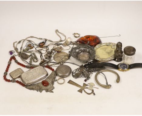 Miscellaneous silver including cigarette case, pepperette, bonbon dish, vesta case and belt buckle, a wrist watch and pocket 