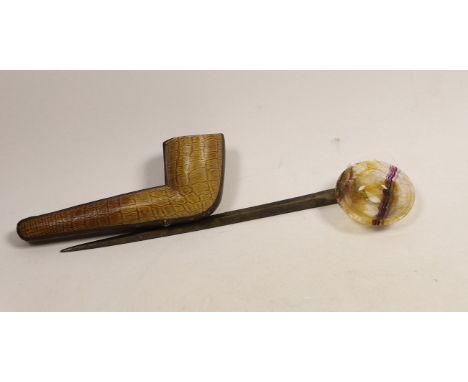 A small Blue John dish, a silver skewer and a pipe case, skewer 27.5cm long