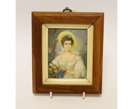 O. Bohmer (German), watercolour on ivory, portrait miniature, Lady holding fruit, 8 x 6cm CITES Submission reference Y2FNHJWY