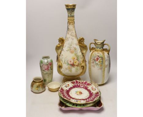 A large Doulton Burslem vase, c.1900 possibly made for Exhibition, a similar lobed vase, a Royal Worcester pot and dish and o