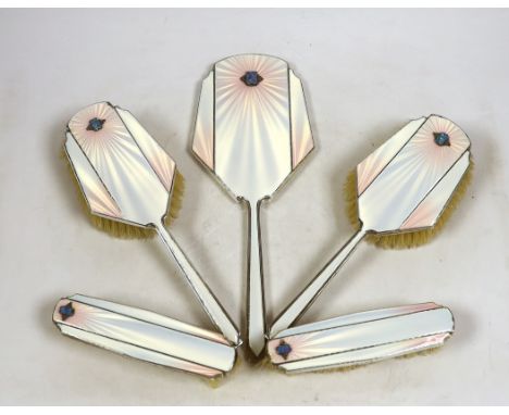 An Art Deco Mappin & Webb silver, enamel, marcasite and black opal mounted six piece mirror, comb(lacking teeth) and brush se