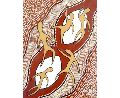Lorni Hyland (20th. C), mixed media, Aboriginal dot painting, Five surreal figures, signed and dated 2002, 25 x 18cm