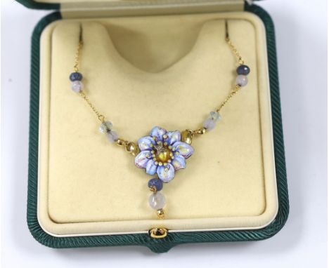 A 20th century Italian 750, enamel, diamond and gem bead set drop pendant necklace, 42cm, gross weight 8.6 grams.