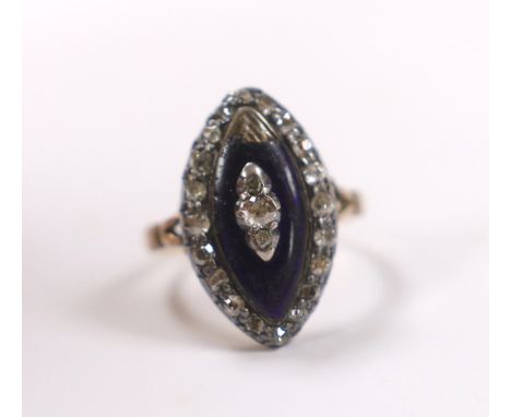 A 19th century yellow metal, enamel and rose cut diamond cluster set navette shaped ring (a.f.), size K, gross weight 5.4 gra