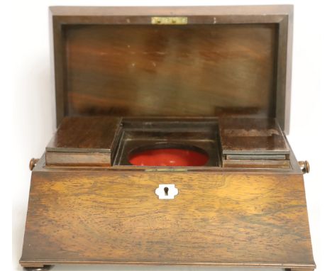 A Victorian rosewood sarcophagus shaped tea caddy with mother of pearl escutcheon, 33.5cm wide