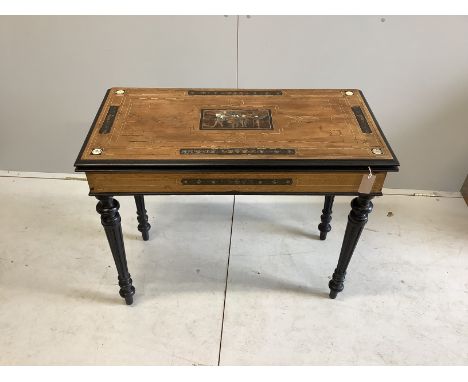 A late 19th century Italian copper, brass and bone marquetry inlaid walnut and ebonised folding card table, width 94cm, depth