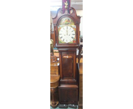 A mahogany longcase clock with painted face (Shedden Perth, Burns and his Highland Mary and the four seasons) Condition Repor