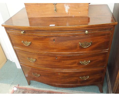 A mahogany three drawer bow front chest on bracket, 86cm high x 94cm wide 54cm deep Condition Report: Available upon request