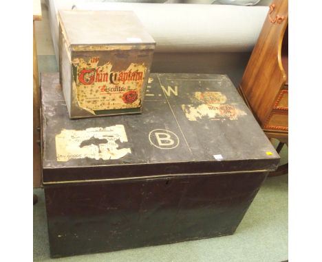 A metal travel trunk and a biscuit tin (2) Condition Report: Available upon request