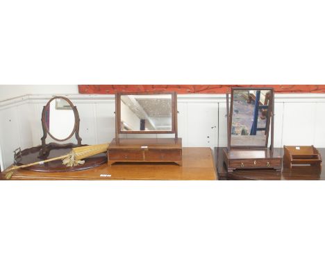 Three toilet mirrors, a miniature book trough, parasol and tray (6) Condition Report: Available upon request