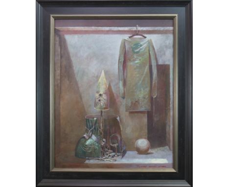 * JULIAN GORDON MITCHELL,RANDOM APPARATUS IN A SHAFT OF LIGHToil on canvas, signed80cm x 65cmFramed.Note: Julian Gordon Mitch