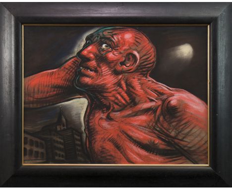 * PETER HOWSON OBE,WATCHING THE MOONpastel on paper, signed (obscured by frame)43cm x 58cmFramed and under glass.Note: authen