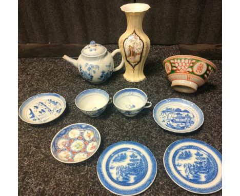 A Selection of Chinese porcelain items to include blue and white tea pot, Provincial Chinese pottery bowl, Chinese blue and w