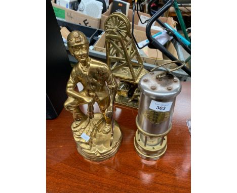 Hockley Lamp &amp; Limelight Company minors lamp, Comrie Minors token and two brass mining sculptures. 