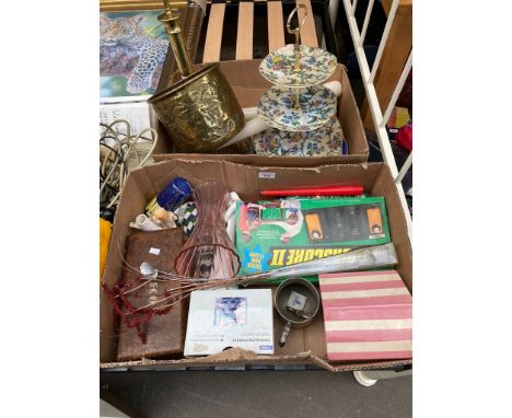 Two boxes of odds to include Indian brass planter, Three tier cake stand and brass table lamp etc 