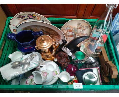 A Crate of collectables to include Japanese satuma bowl, Blue lustre jug, Vintage compact and Caithness paperweight etc 