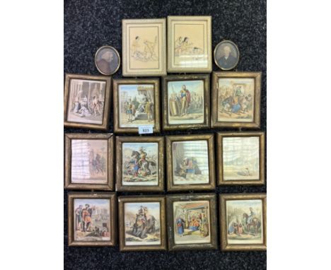 A Collection of antique foreign coloured prints depicting various armies with descriptions to back, Two hand painted Indian f