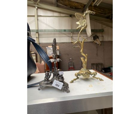 Antique silver plate ornate epergne stand, together with a brass oriental style stork and snake design sculpture 