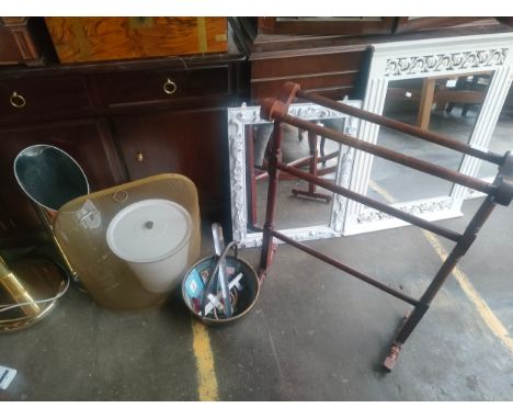 Enamel lidded bucket, coal scuttle, jelly pan and horse clothes rail 