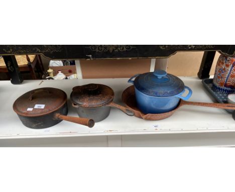 Vintage blue enamel cooking pot with lid, Enamelled cooking pan and two other metal lidded pots 