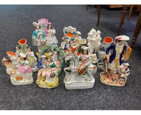 A collection of antique Staffordshire figurines together with Three Graces Greek nude Parion ware figurine 