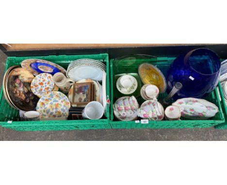 Two crates of collectables to include Royal Albert cup and saucer, Royal Stafford Carousel tea set, Large art glass blue gobl