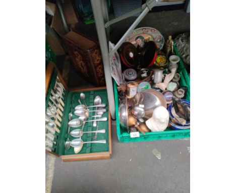 A Crate of collectables to include various paperweights, Busts, Pottery tobacco jar, Chinese boxed compass and various Robert