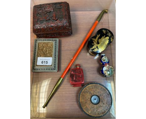 A Lot of Chinese antiques and collectables to include Cinnabar and Cloisonné lidded box, Long smoking pipe, Lacquered and han