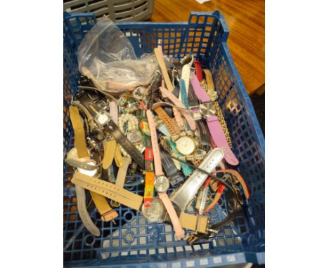 A Small crate containing a large selection of mixed watches to include Swatch watch, Casio Alarm Chronograph watch and Infini